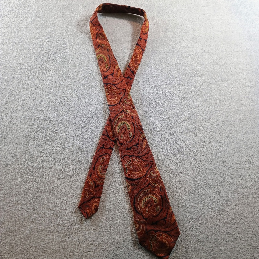 Bert Pulitzer Mens Paisley Tie Orange Brown Wool Challis Vintage England